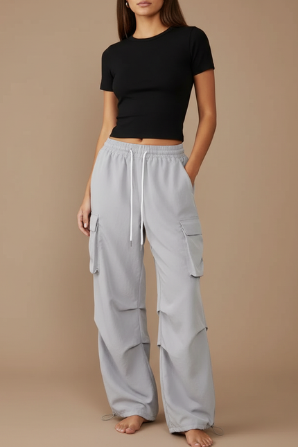 Pantalon Parachute Gris Cargo Fluide Ample Décontracté - Polyester