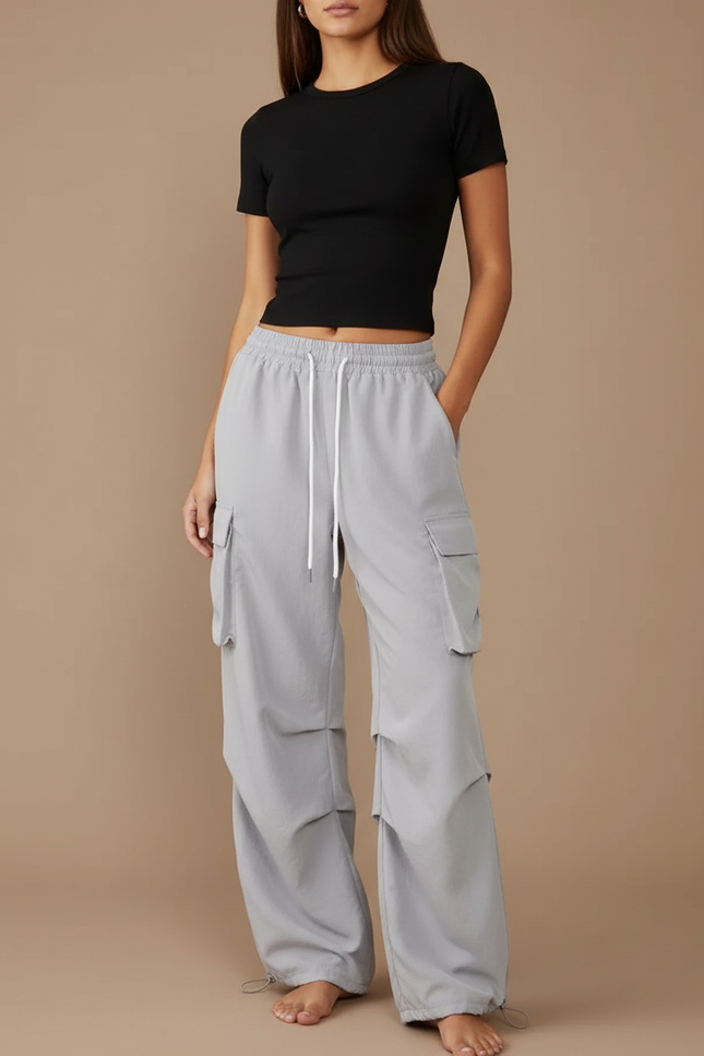Pantalon Parachute Gris Cargo Fluide Ample Décontracté - Polyester