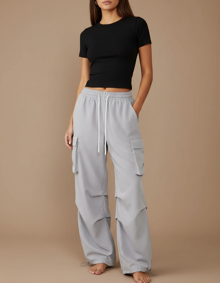 Pantalon Parachute Gris Cargo Fluide Ample Décontracté - Polyester