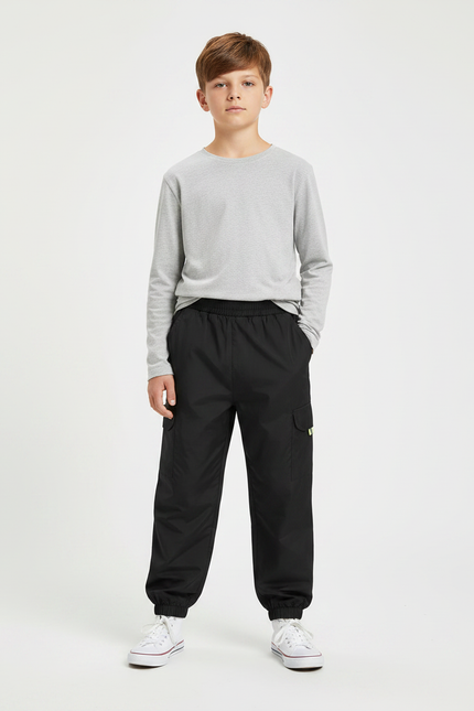 Pantalon Parachute Noir Cargo Ample Enfant Basique - Polyester