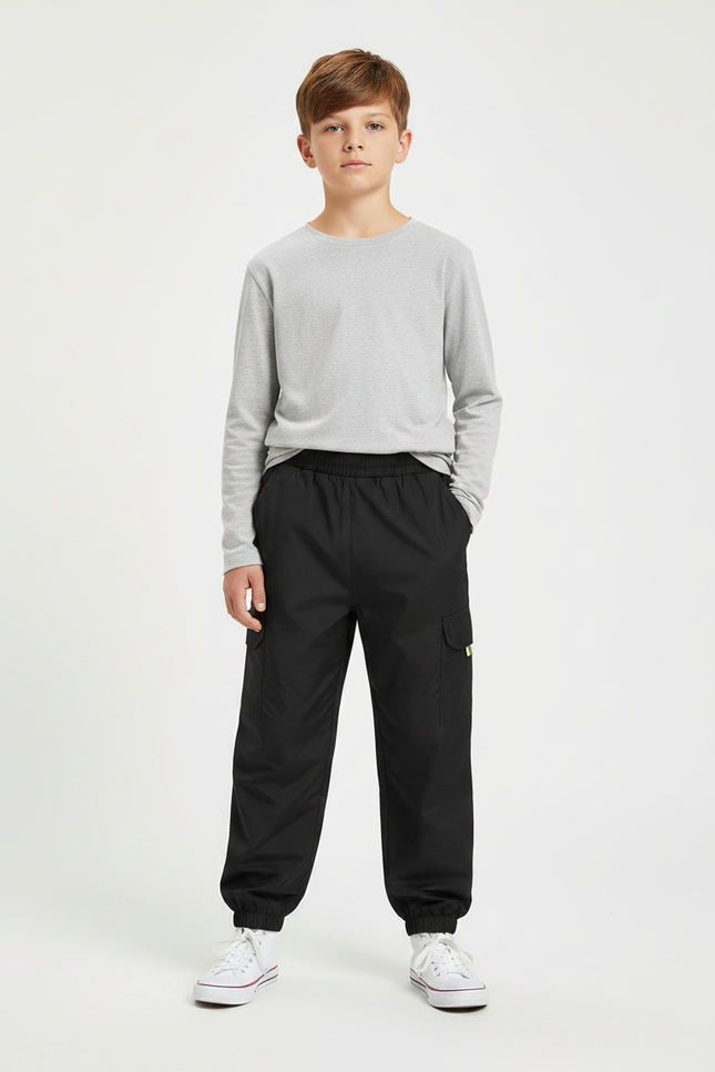Pantalon Parachute Noir Cargo Ample Enfant Basique - Polyester
