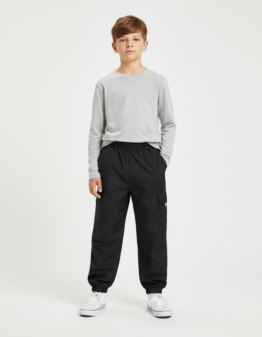 Pantalon Parachute Noir Cargo Ample Enfant Basique - Polyester