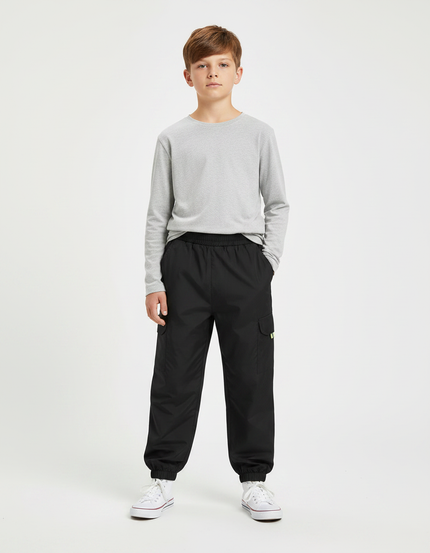 Pantalon Parachute Noir Cargo Ample Enfant Basique - Polyester