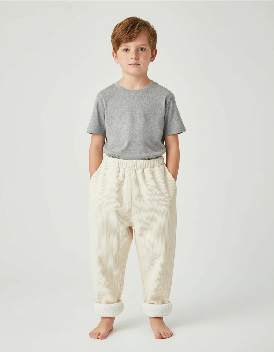 Pantalon Parachute Crème Côtelé Doublé Polaire Enfant - Beige Cordé
