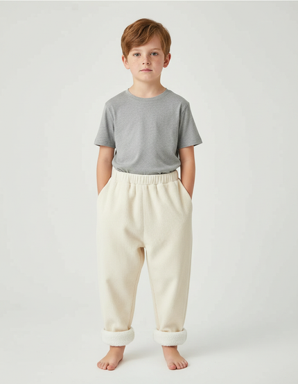 Pantalon Parachute Crème Côtelé Doublé Polaire Enfant - Beige Cordé