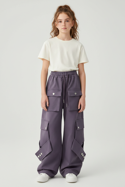 Pantalon Parachute Violet Cargo Ample Décontracté Fille - Polyester
