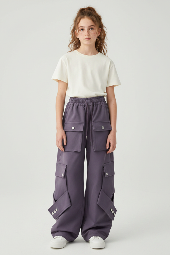 Pantalon Parachute Violet Cargo Ample Décontracté Fille - Polyester