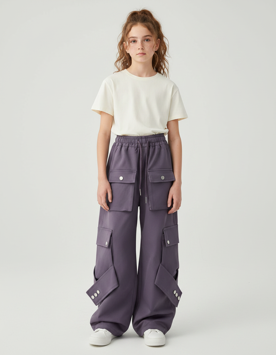 Pantalon Parachute Violet Cargo Ample Décontracté Fille - Polyester