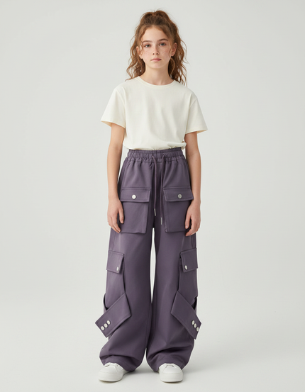 Pantalon Parachute Violet Cargo Ample Décontracté Fille - Polyester