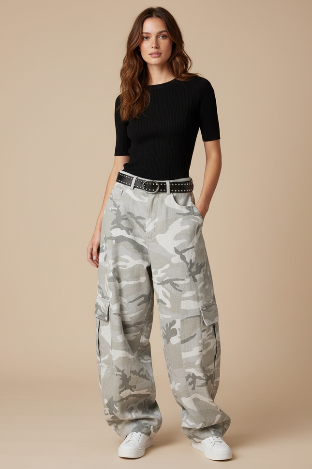 Pantalon Parachute Camouflage Gris Ample Cargo Vintage - Toile