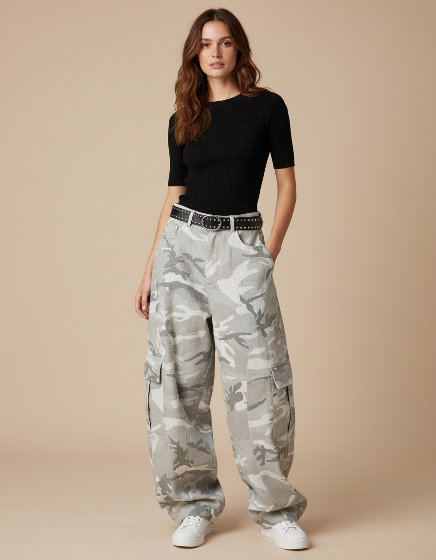 Pantalon Parachute Camouflage Gris Ample Cargo Vintage - Toile
