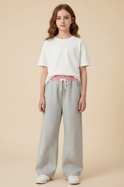 Pantalon Parachute Gris Ample Cordon Décontracté Fille - Molleton