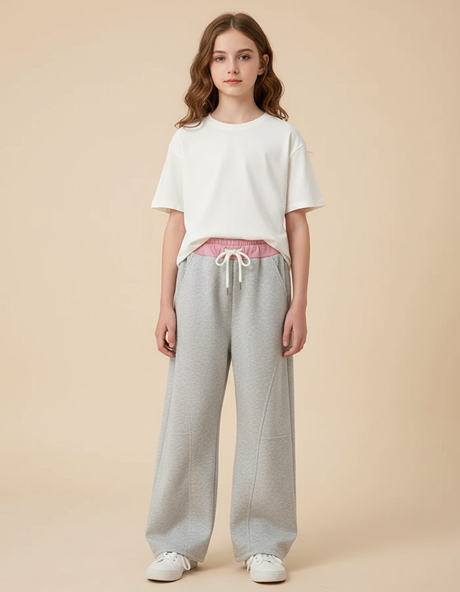 Pantalon Parachute Gris Ample Cordon Décontracté Fille - Molleton