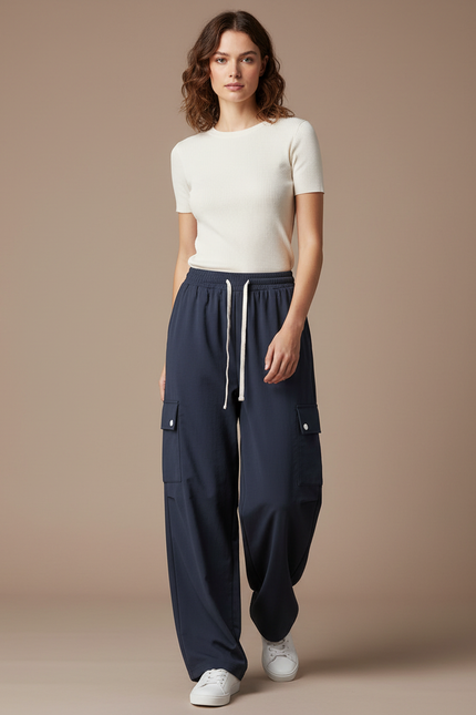 Pantalon Parachute Bleu Marine Ample Cargo Décontracté Femme - Polyester