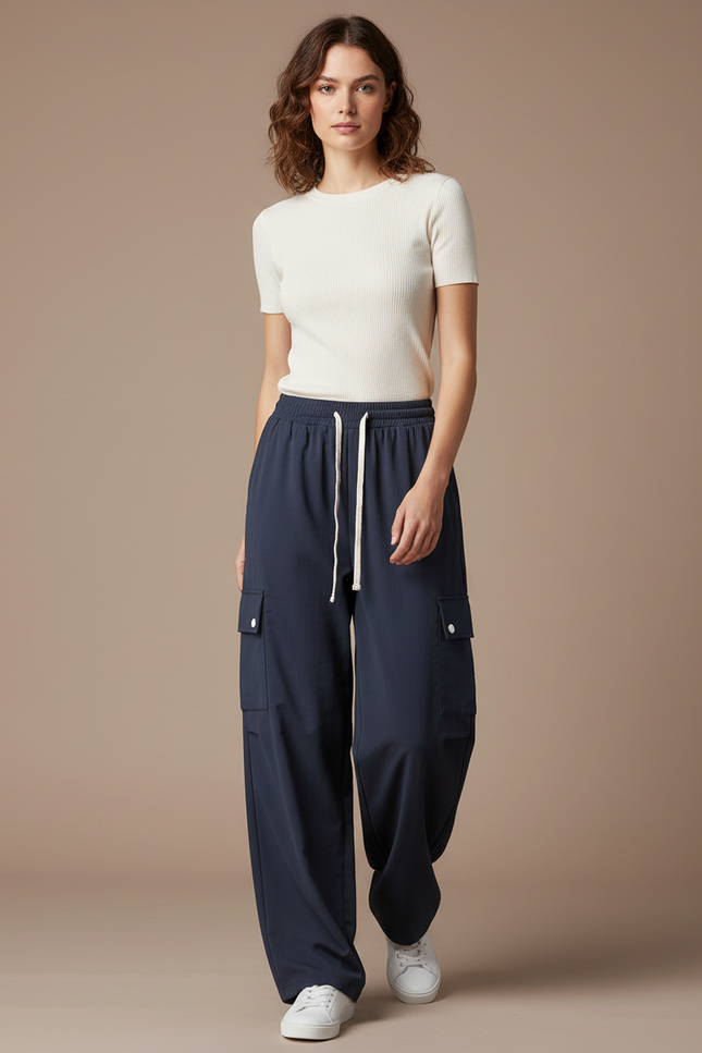 Pantalon Parachute Bleu Marine Ample Cargo Décontracté Femme - Polyester