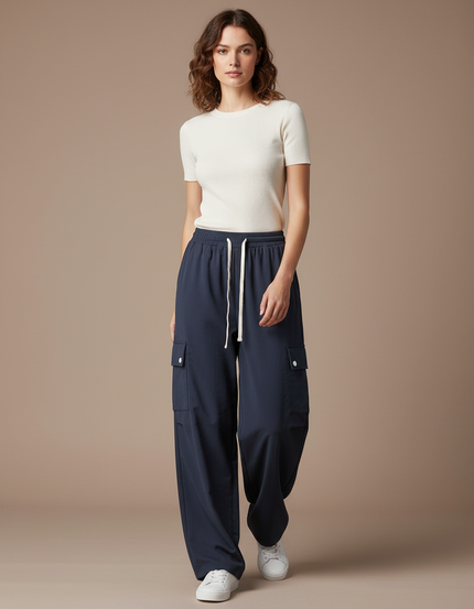 Pantalon Parachute Bleu Marine Ample Cargo Décontracté Femme - Polyester