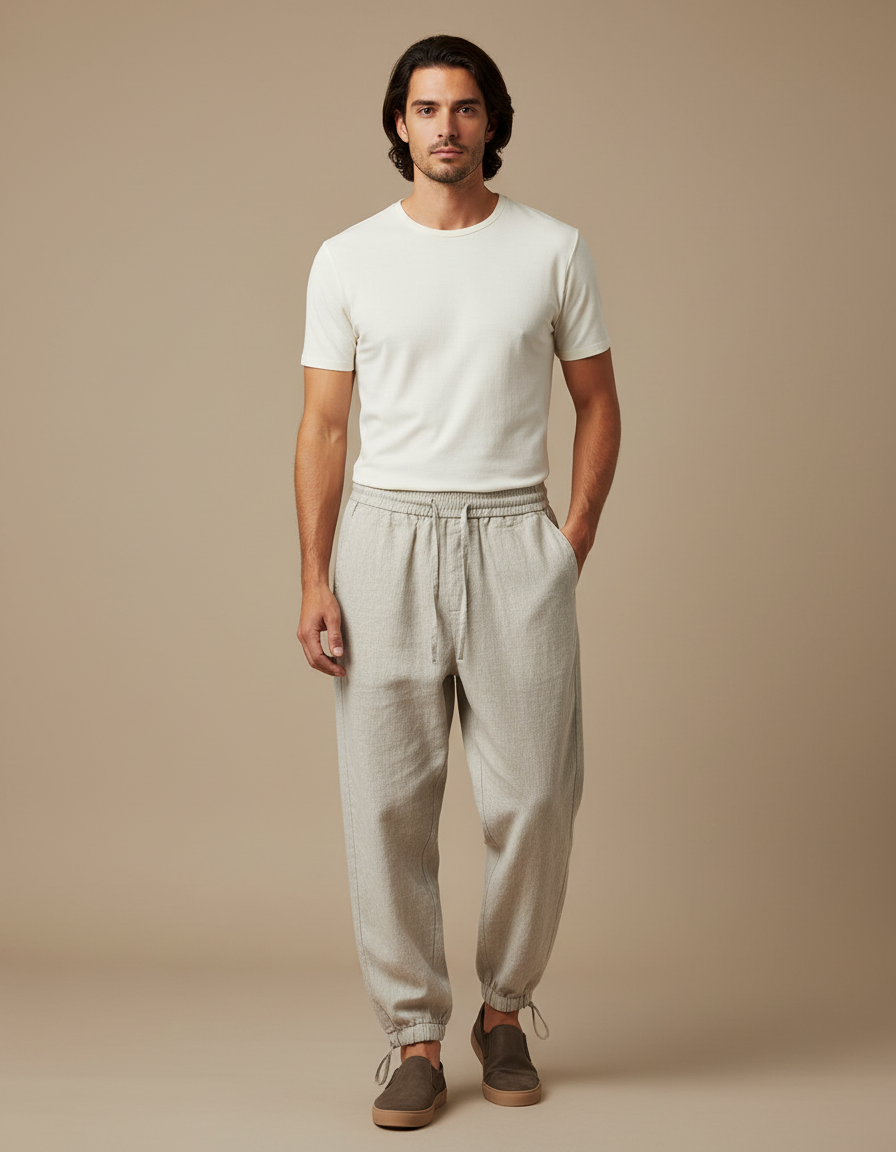 Pantalon Parachute Lin Coton Ample Décontracté Homme - Gris