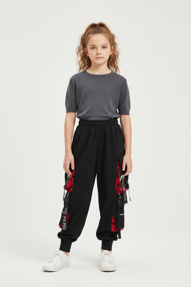 Pantalon Parachute Noir Carreaux Rouges Cargo Ample - Molleton