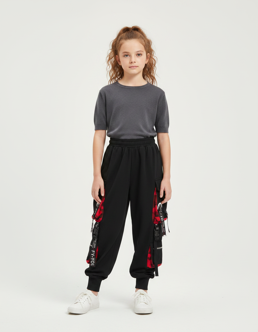 Pantalon Parachute Noir Carreaux Rouges Cargo Ample - Molleton