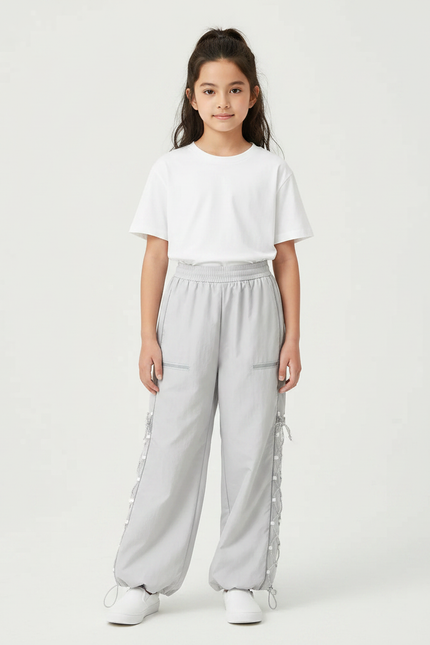 Pantalon Parachute Gris Ample Lacets Streetwear Décontracté - Polyester