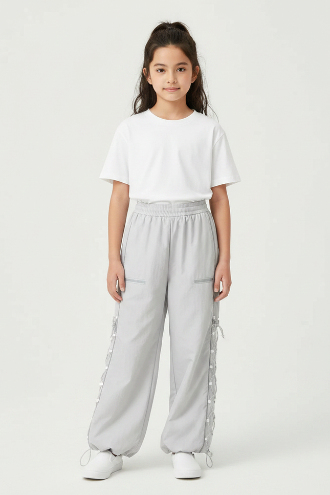 Pantalon Parachute Gris Ample Lacets Streetwear Décontracté - Polyester