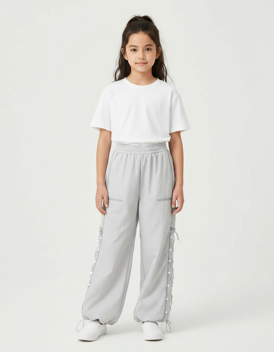Pantalon Parachute Gris Ample Lacets Streetwear Décontracté - Polyester