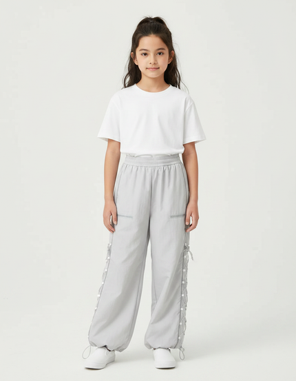 Pantalon Parachute Gris Ample Lacets Streetwear Décontracté - Polyester