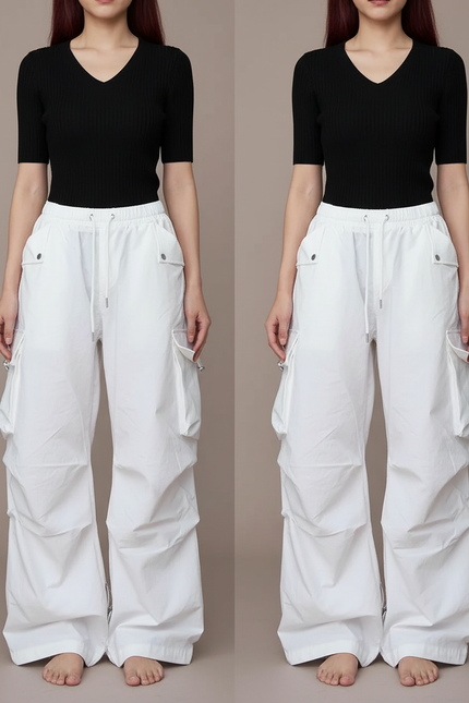 Pantalon Parachute Blanc Ample Cargo Femme Décontracté - Polyester