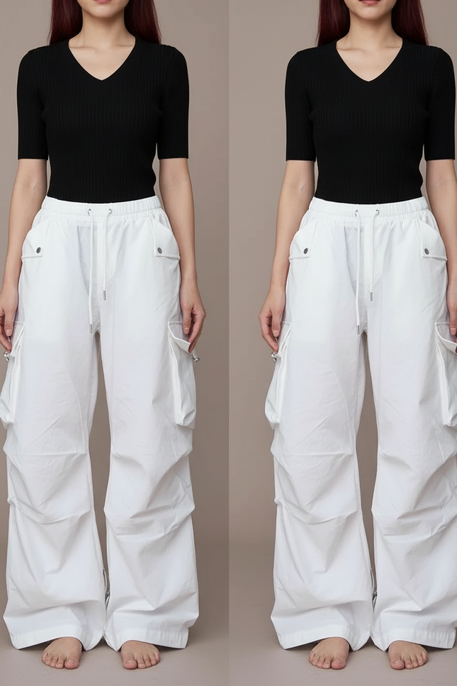 Pantalon Parachute Blanc Ample Cargo Femme Décontracté - Polyester