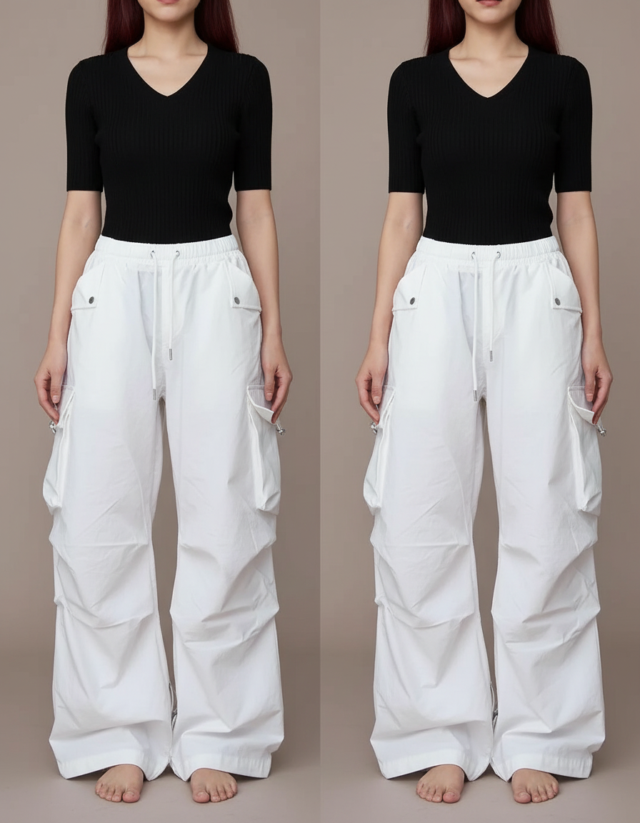 Pantalon Parachute Blanc Ample Cargo Femme Décontracté - Polyester