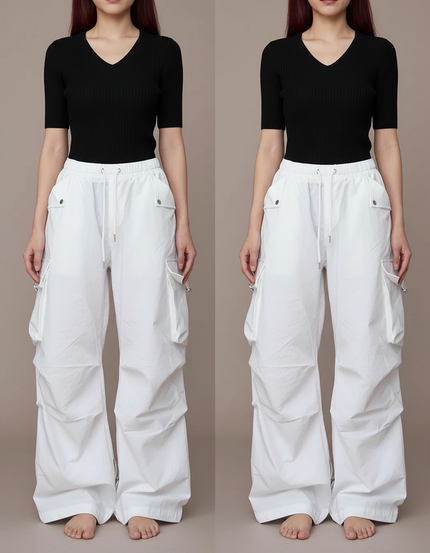 Pantalon Parachute Blanc Ample Cargo Femme Décontracté - Polyester