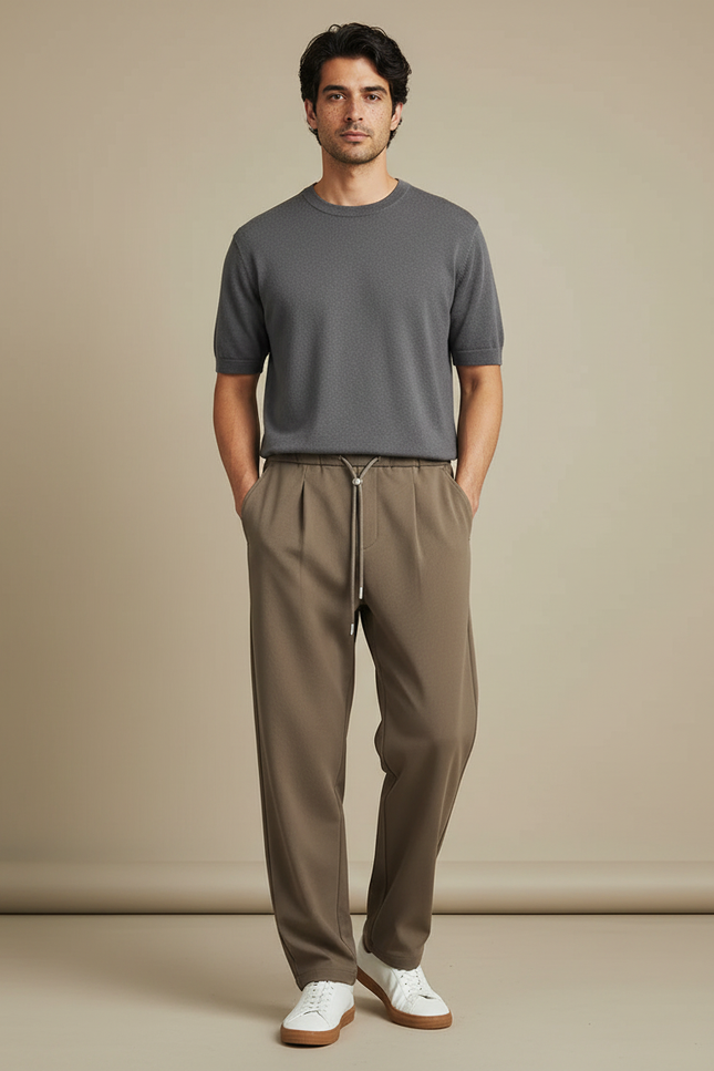 Pantalon Parachute Marron Droit Fluide Cordon Homme - Kaki Polyester