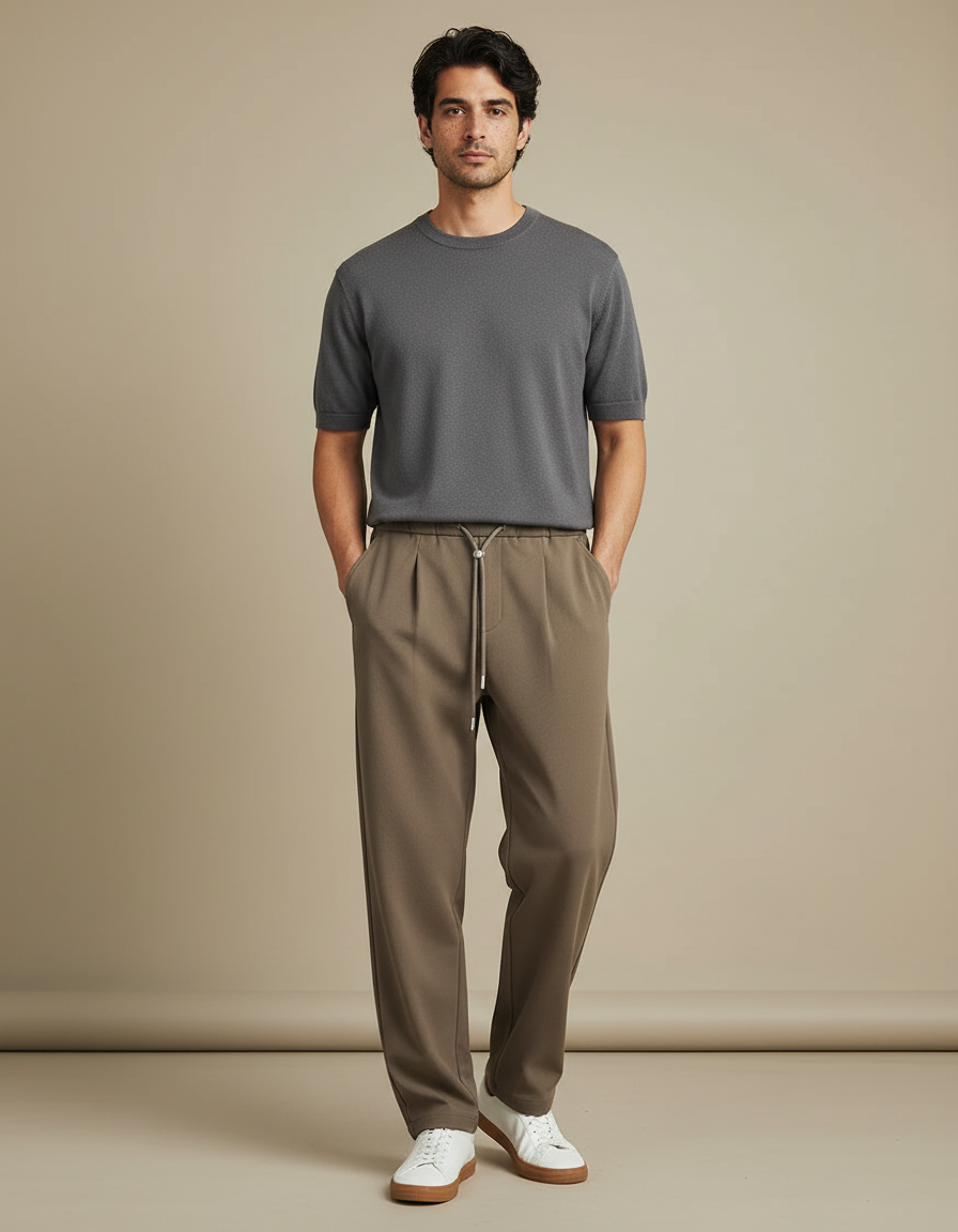 Pantalon Parachute Marron Droit Fluide Cordon Homme - Kaki Polyester