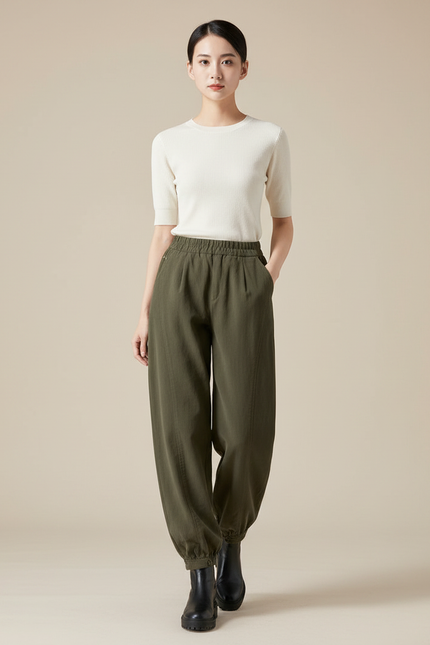 Pantalon Parachute Kaki Ample Décontracté Élastique Femme - Coton