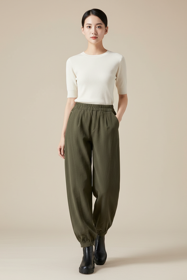 Pantalon Parachute Kaki Ample Décontracté Élastique Femme - Coton