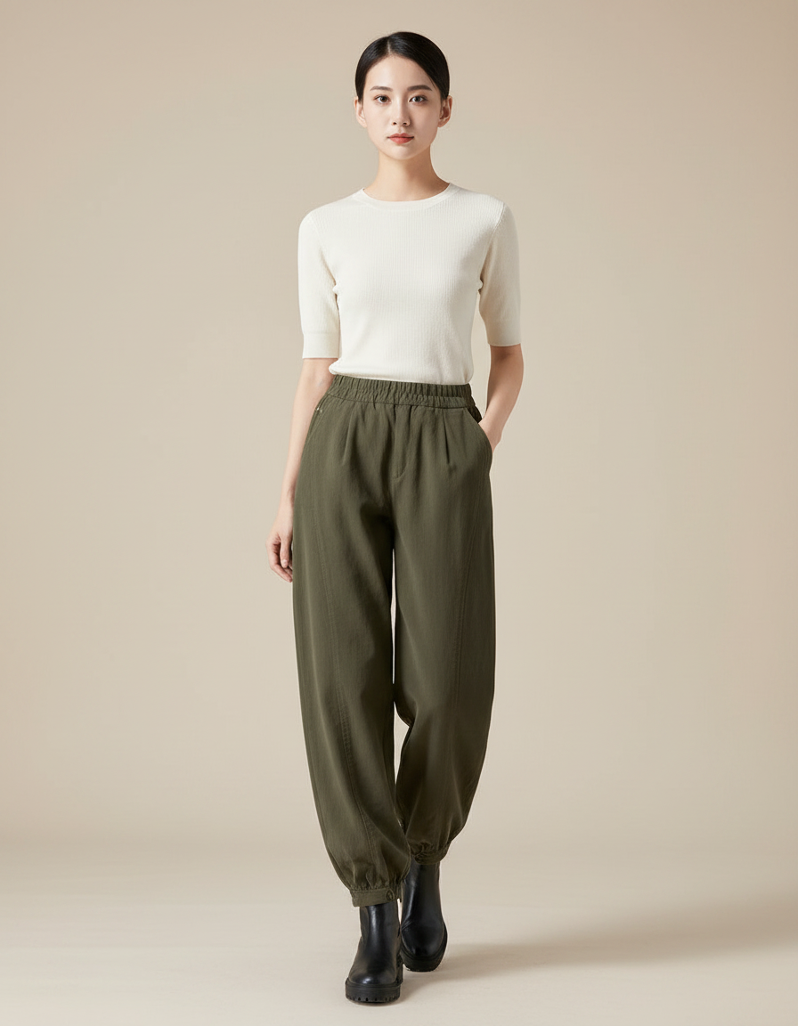 Pantalon Parachute Kaki Ample Décontracté Élastique Femme - Coton