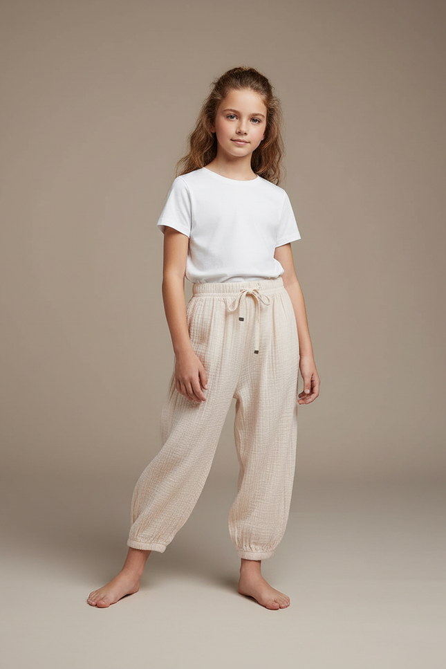 Pantalon Parachute Coton Ample Crème Doux Enfant - Beige