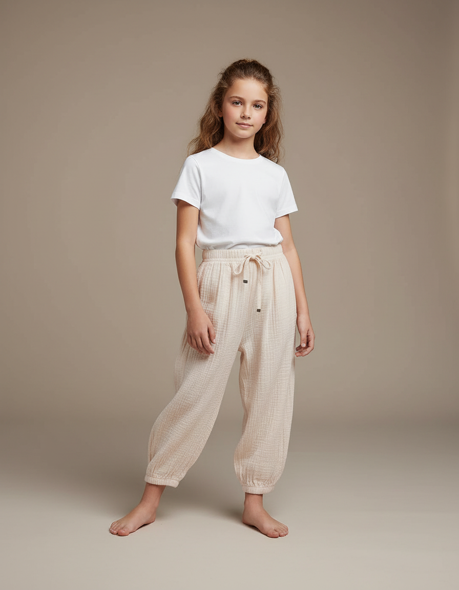 Pantalon Parachute Coton Ample Crème Doux Enfant - Beige