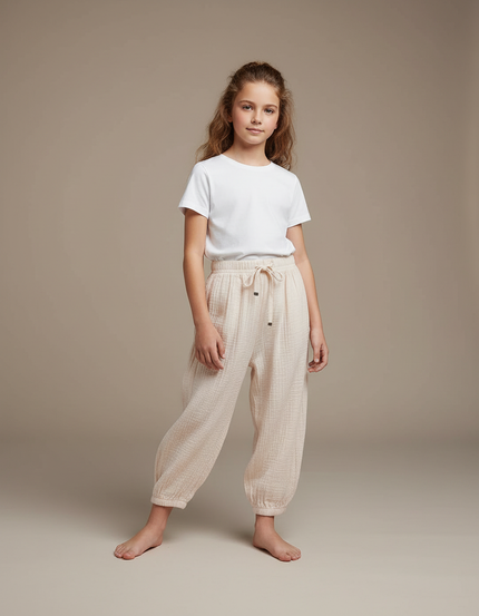Pantalon Parachute Coton Ample Crème Doux Enfant - Beige