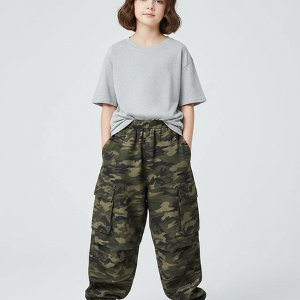 Pantalon Parachute Camouflage Cargo Ample Unisexe - Kaki Molleton