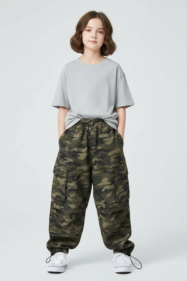 Pantalon Parachute Camouflage Cargo Ample Unisexe - Kaki Molleton