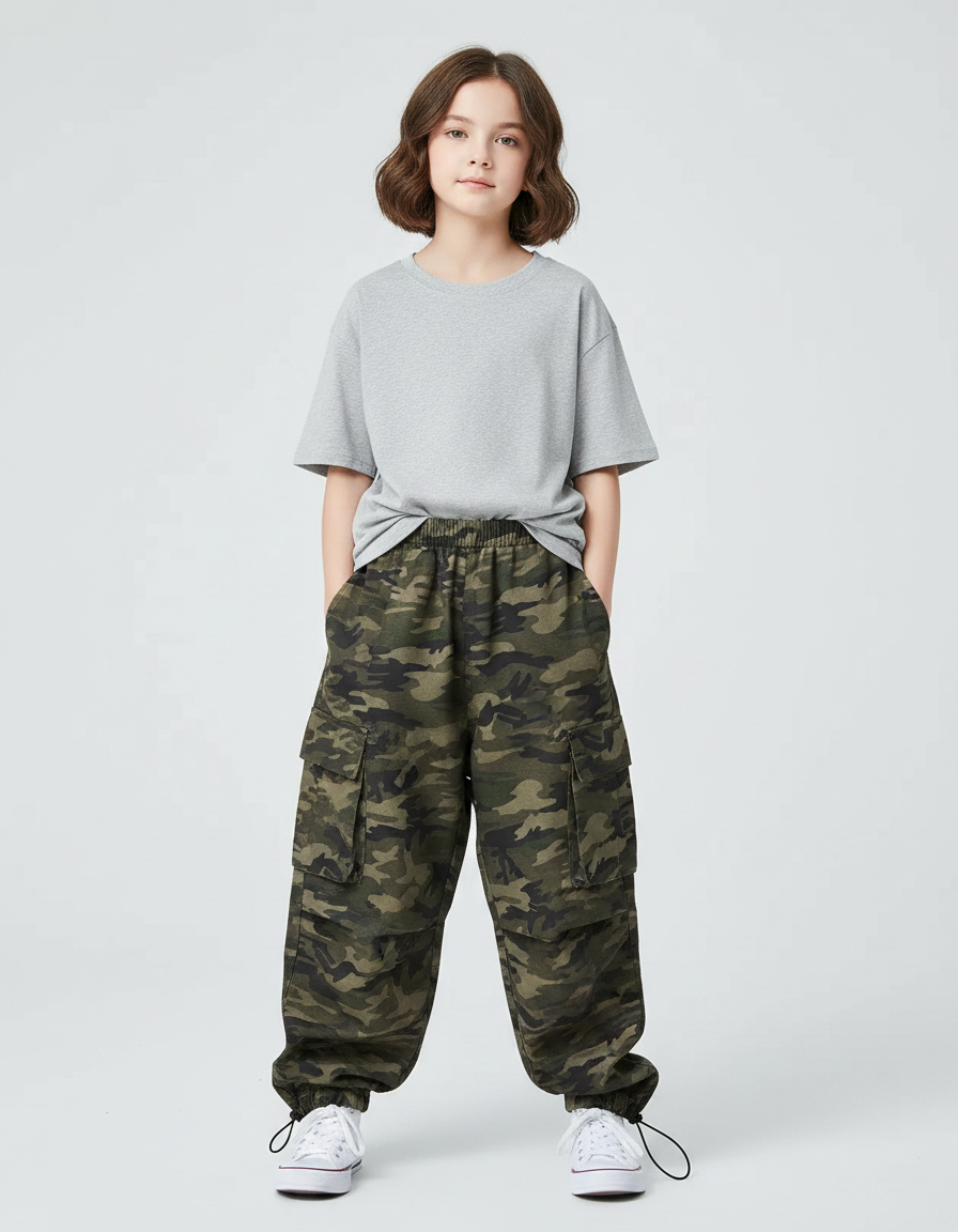 Pantalon Parachute Camouflage Cargo Ample Unisexe - Kaki Molleton