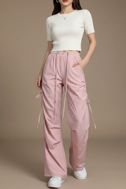 Pantalon Parachute Rose Ample Décontracté Cordon Femme - Polyester