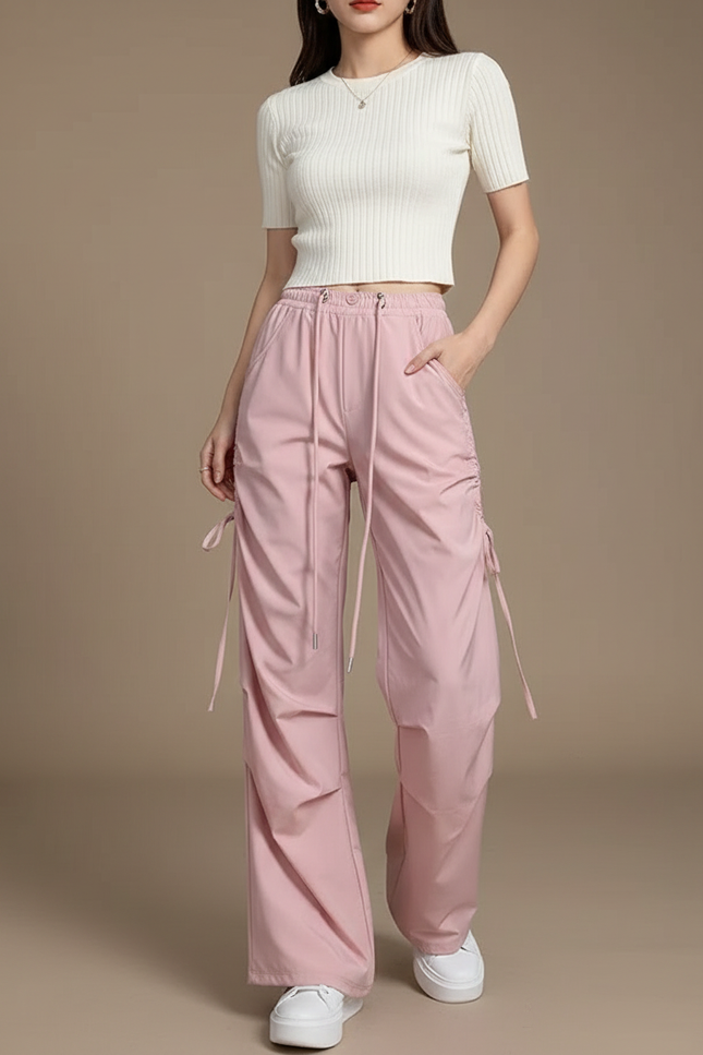 Pantalon Parachute Rose Ample Décontracté Cordon Femme - Polyester