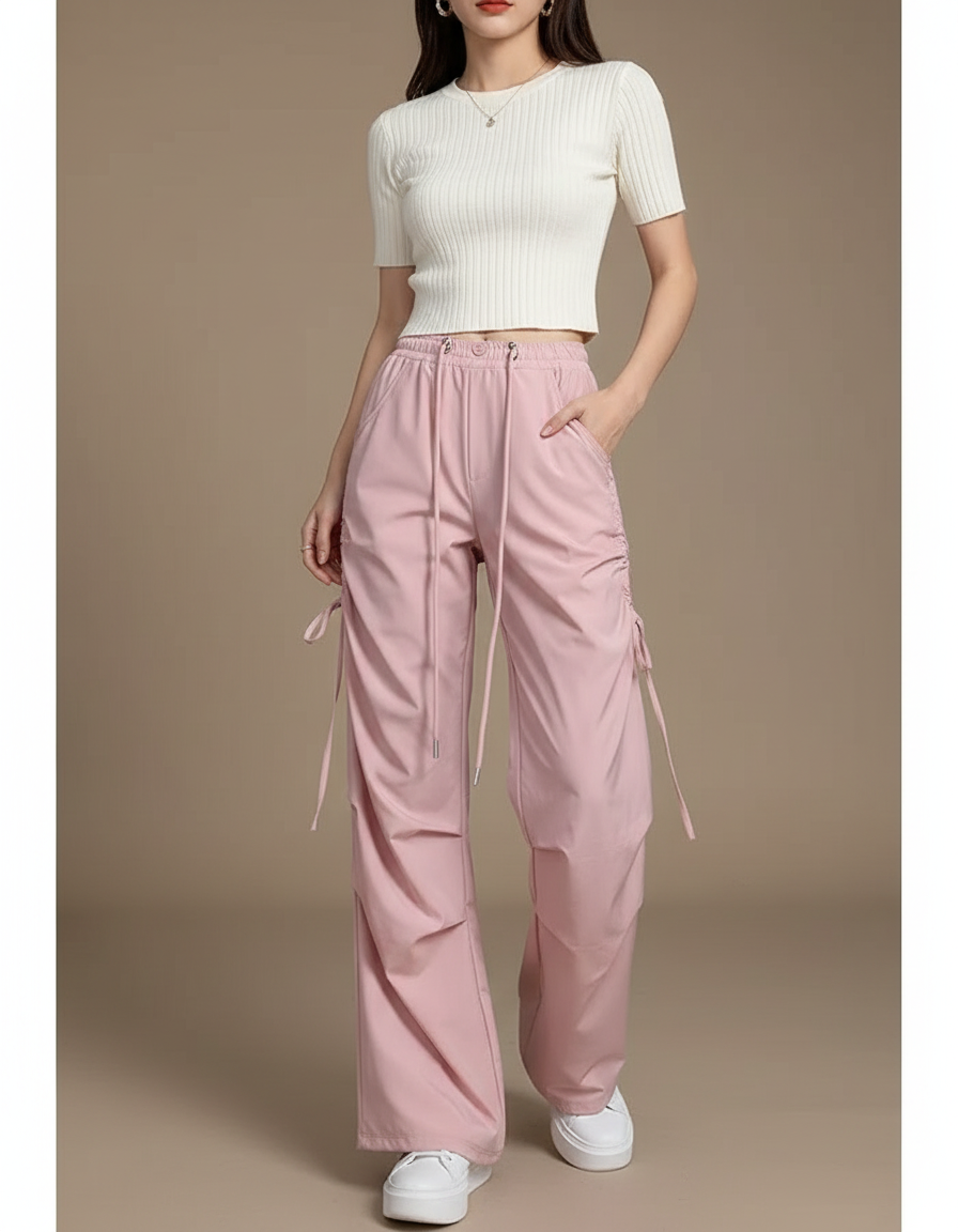 Pantalon Parachute Rose Ample Décontracté Cordon Femme - Polyester
