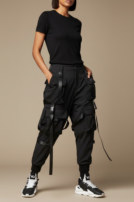 Pantalon Parachute Noir Cargo Techwear Ample - Polyester