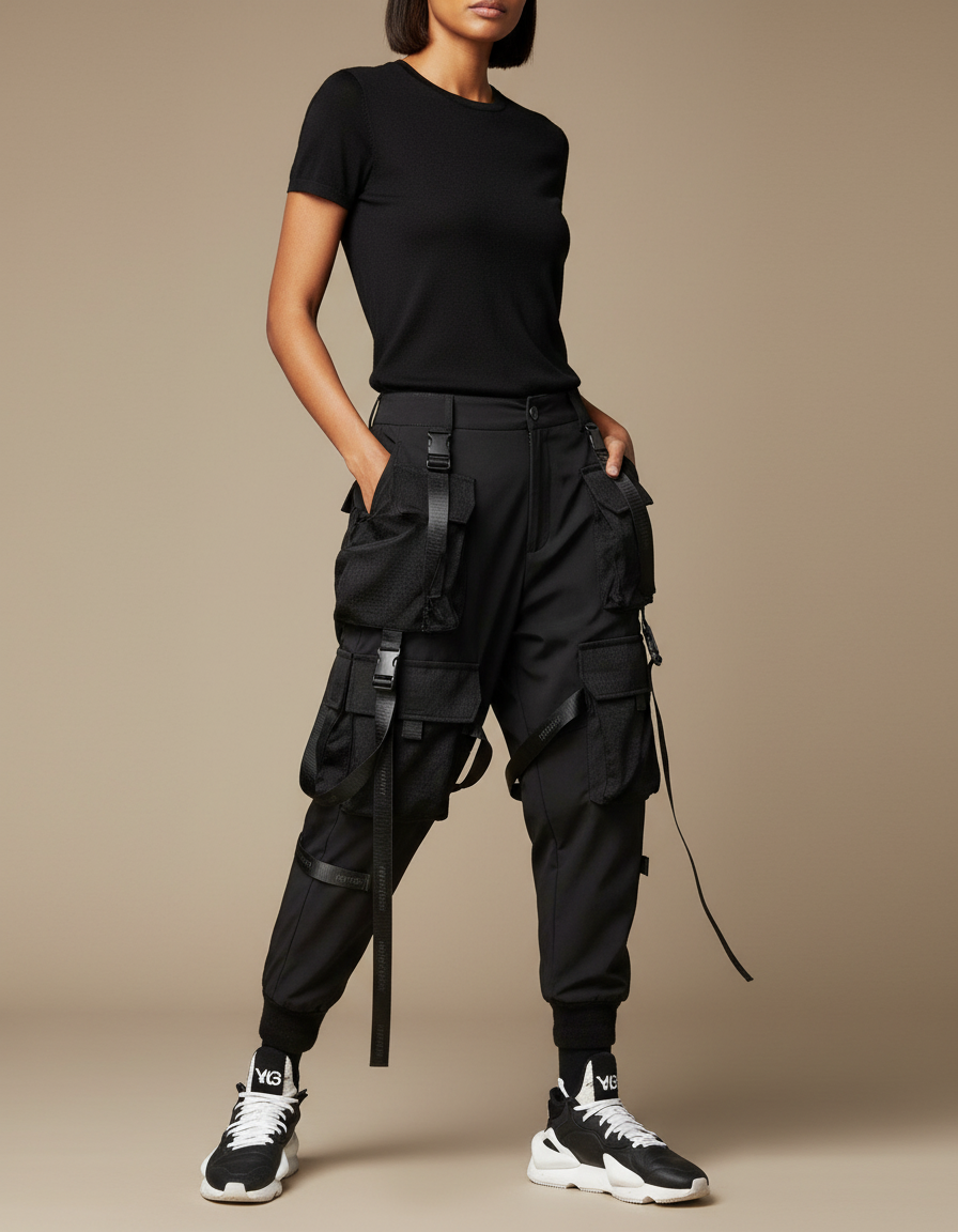 Pantalon Parachute Noir Cargo Techwear Ample - Polyester