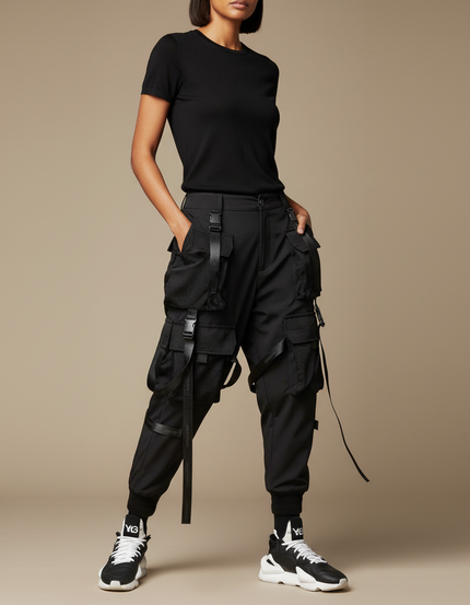 Pantalon Parachute Noir Cargo Techwear Ample - Polyester