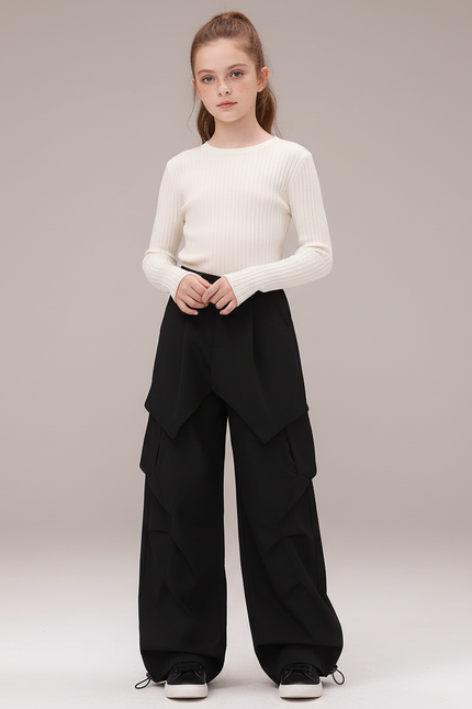 Pantalon Parachute Noir Ample Cargo Fille Urbain - Polyester