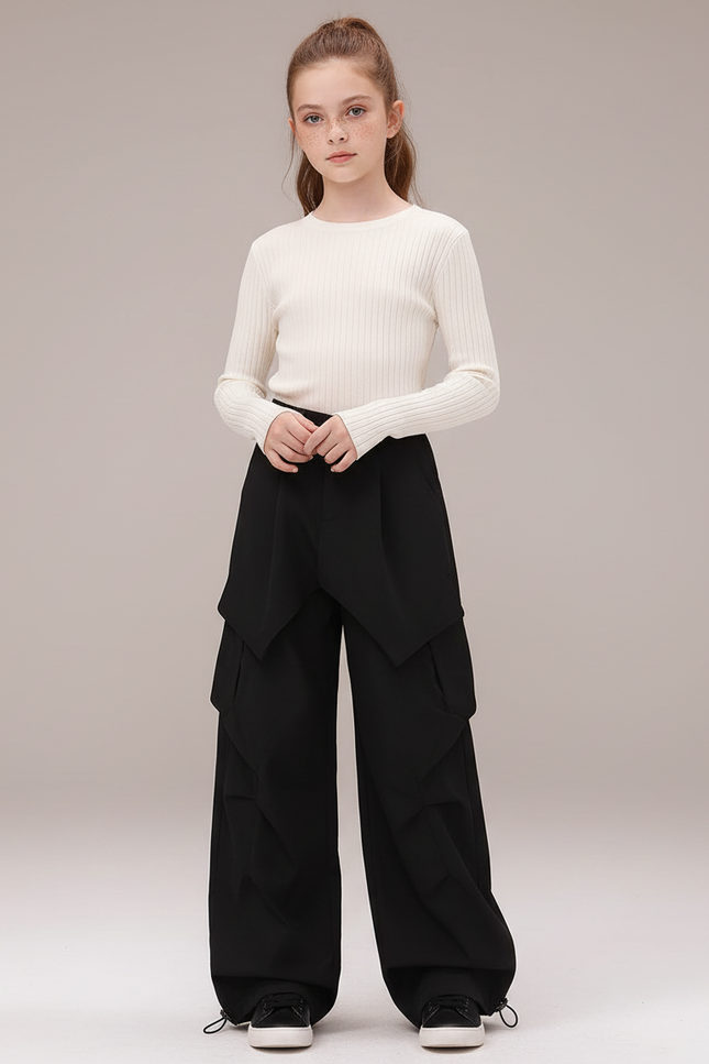 Pantalon Parachute Noir Ample Cargo Fille Urbain - Polyester